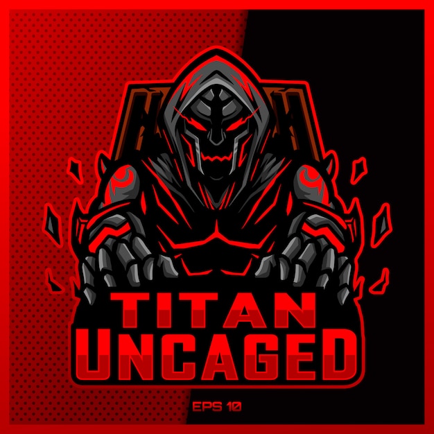 Red titan monster esport and sport mascot logo design in modern illustration concept for team badge, emblem and thirst printing. red monster illustration on dark red background. illustration