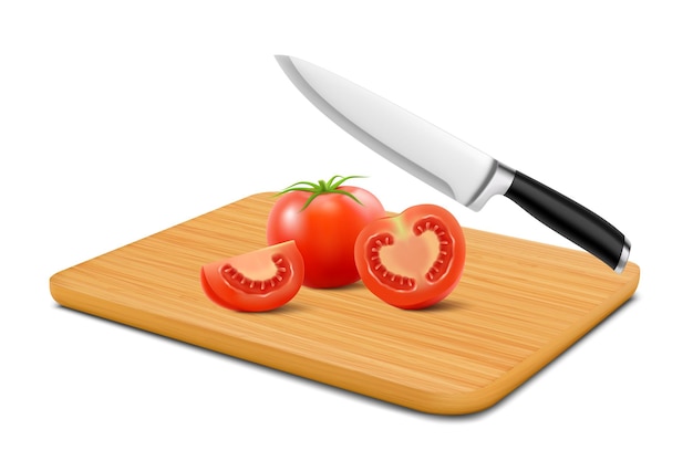 Red tomato slices on cutting board isolated on white background sliced tasty tomato on wooden beech cutting board with knife realistic 3d vector illustration