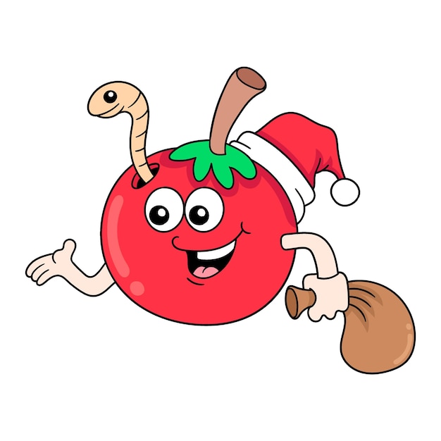 빨간 토마토는 크리스마스와 새해를 축하하고 있습니다 낙서 아이콘 이미지 카와이