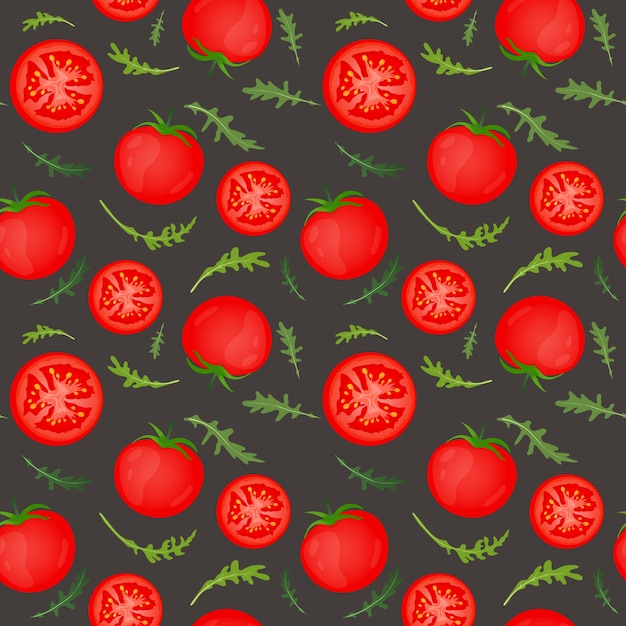 Вектор Красные помидоры на темном фоне. томат овощной с листьями рукколы. бесшовные модели.