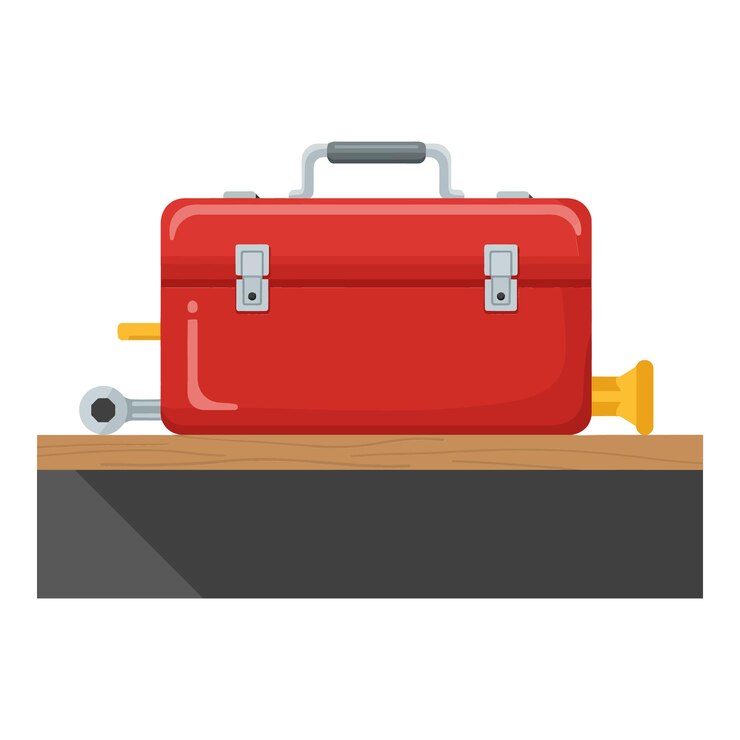 Vector red toolbox with tools on wooden shelf in flat vector art