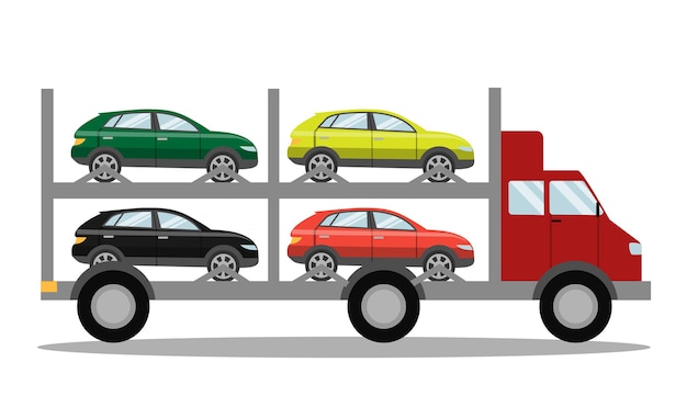 Vector red tow truck full of cars. city roadside assistance. broken automobiles transportation. solated   illustration