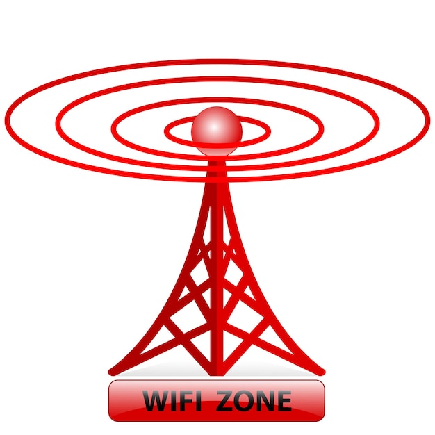 Vettore una torre rossa con sopra un'antenna rossa che dice zona wifi.