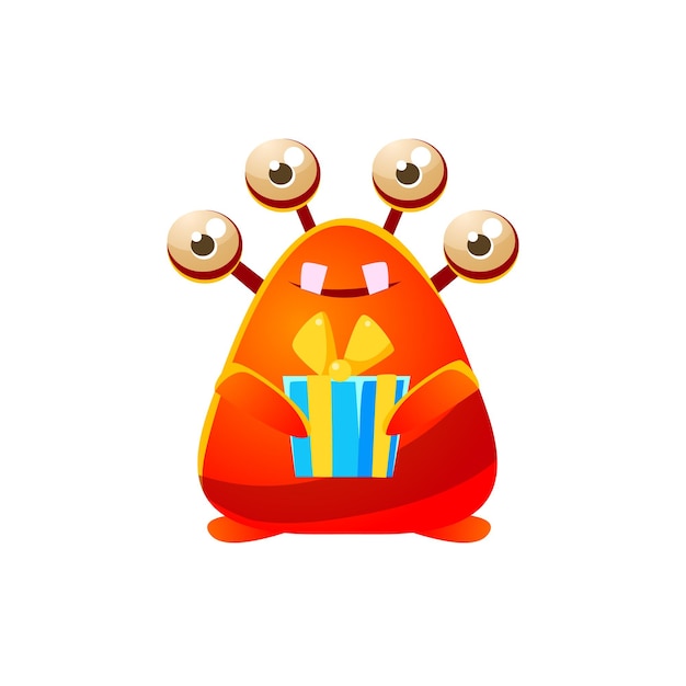 Red toy monster holding wrapped gift