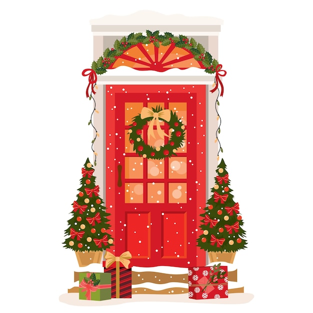 Porta d'ingresso tradizionale rossa con decorazioni natalizie porta d'ingresso con ghirlanda di alberi di natale, vischio e agrifoglio clipart vettoriali illustrate