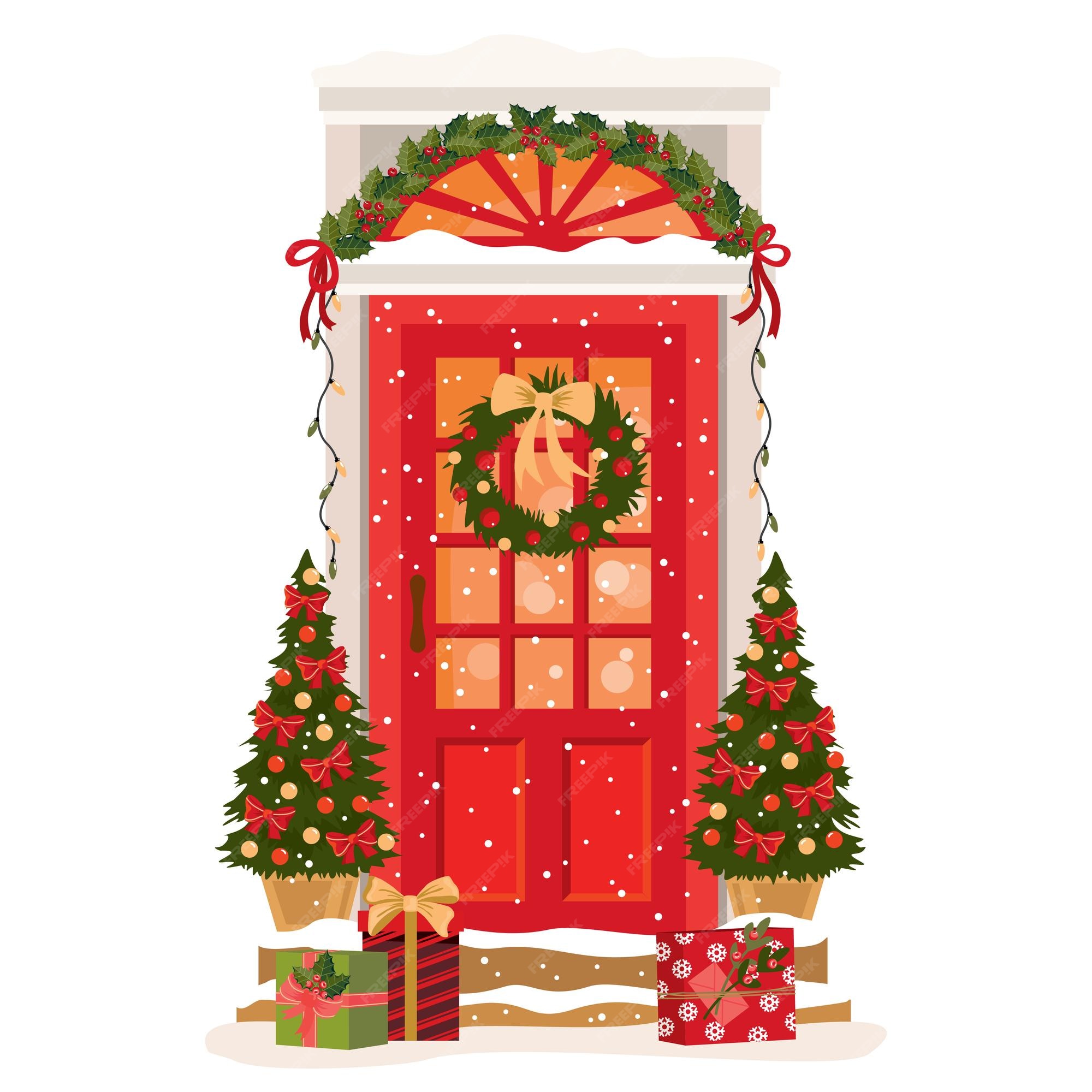 Premium Vector Red traditional entrance door with Christmas decoration Front door with holly