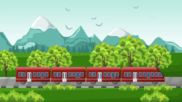 Red train traveling on green background with mountains