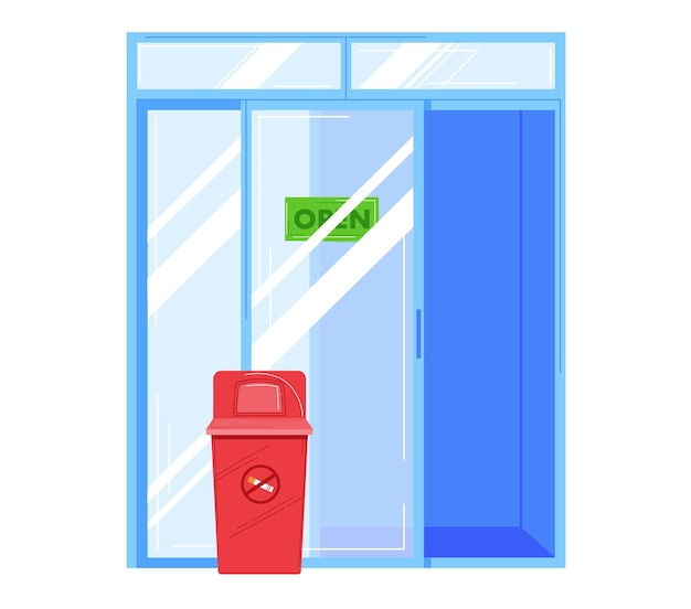 Red trash bin in front of a glass entrance door with an open sign clean and minimalistic urban waste