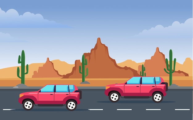 Auto da viaggio rossa su strada sullo sfondo del deserto per i modelli di banner