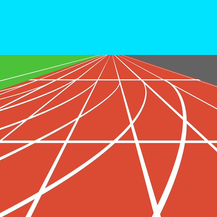 Vector red treadmill at the stadium with white lines vector illustration