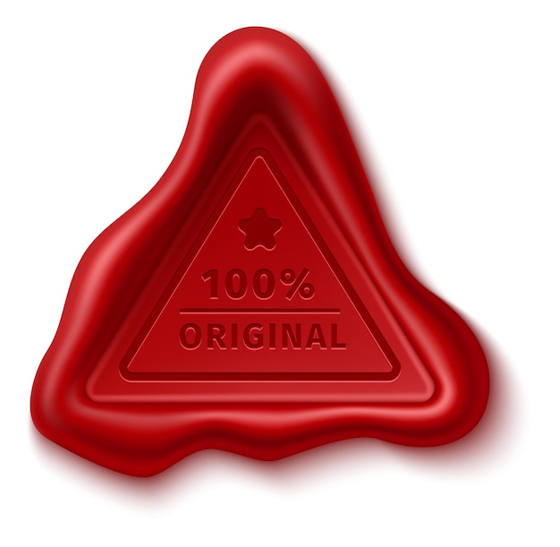 Vector red triangle seal wax. 100 percent original warranty stamp isolated on white background