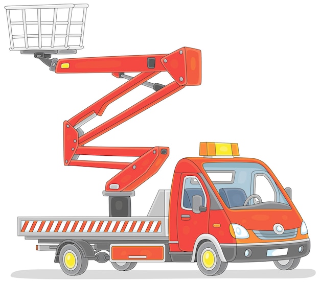 Vector red truck crane with a hydraulic hoist working