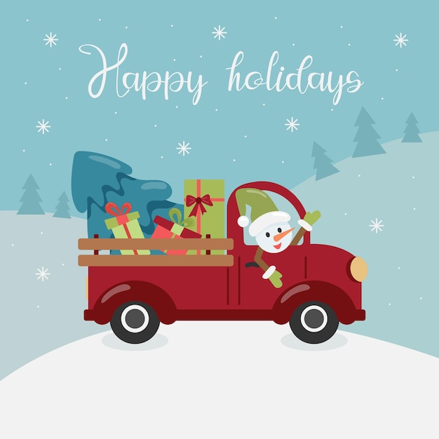 A red truck is carrying a christmas tree and gifts. a snowman is driving