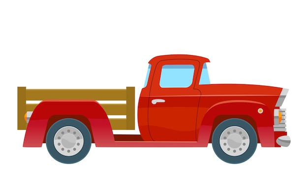 Красный грузовик изолирован на белом фоне в мультяшном стиле для печати и дизайна. Векторная иллюстрация
