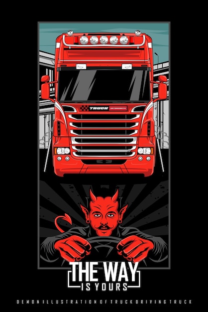 Vector a red truck with devil on the front and a man behind the wheel.