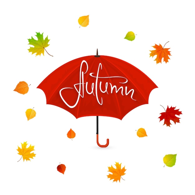 Red umbrella and leaves with lettering Autumn