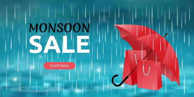 モンスーンの季節の赤い傘バナー ランディング ページ ポスター ラベル Web ヘッダー デザインのテンプレート モンスーンの季節の雨の滴ベクトル図