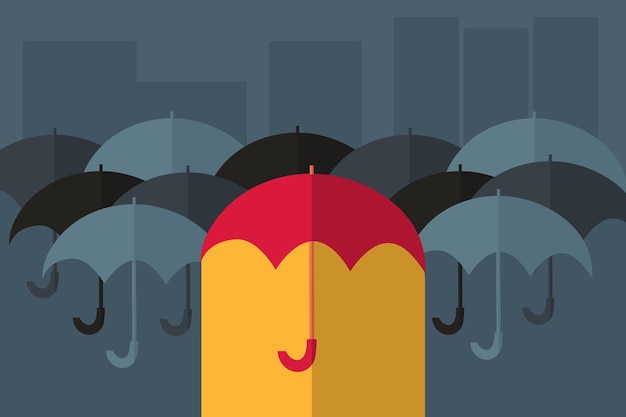 A red umbrella with a yellow light inside among a crowd of the same type of umbrellas It's raining