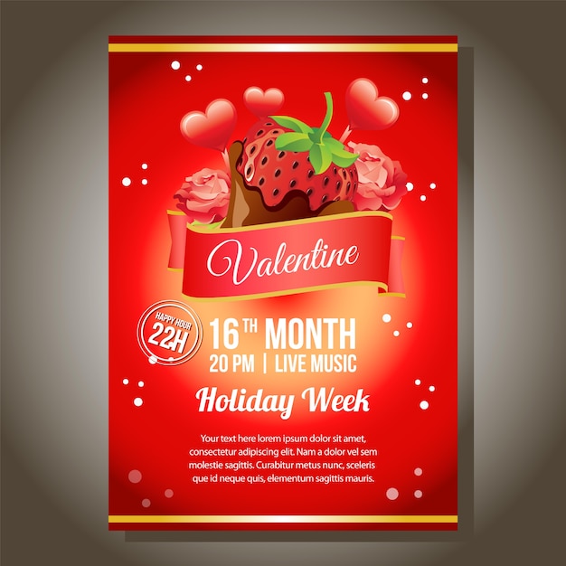 Red valentine party poster with strawberry