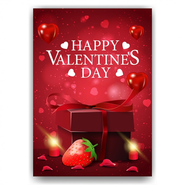 Red valentine's day cover with gift and strawberry