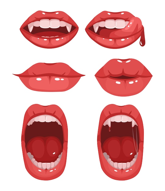 赤い吸血鬼の唇。さまざまな感情のセット。犬歯が長い口。白い背景で隔離のベクトル漫画イラスト。