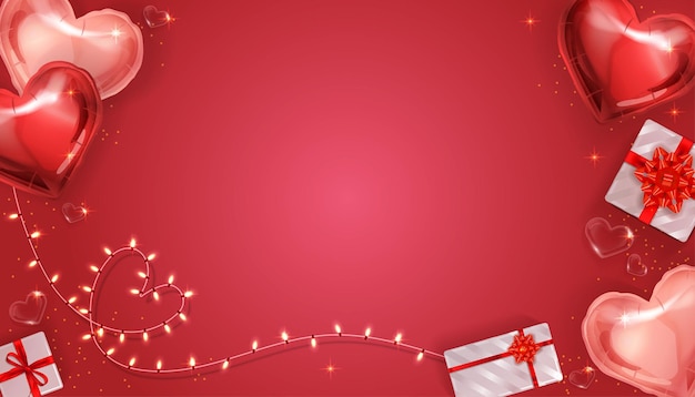 Red vector background on the theme of heart balloons, gifts and string lights