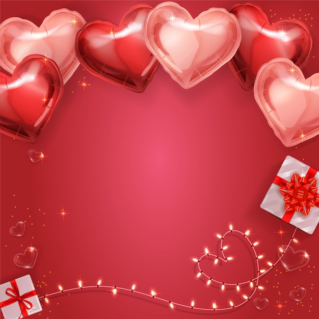 Red vector background on the theme of heart balloons, gifts and string lights