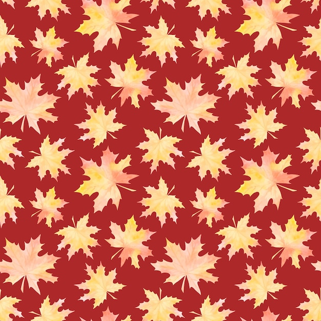 Red vector seamless pattern with watercolor yellowing maple leaves