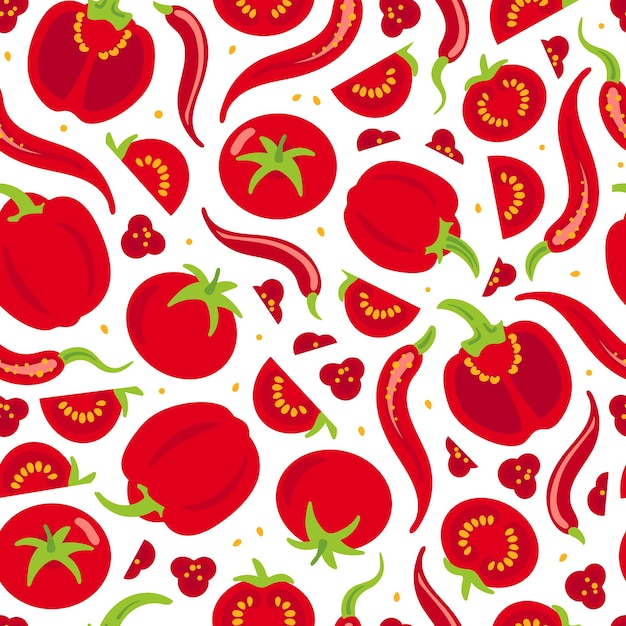 Red vegetables Tomatoes and paprika chili peppers Spicy sexy pattern Bright seamless pattern For cafe menu tablecloth wallpaper fabric wrapping background