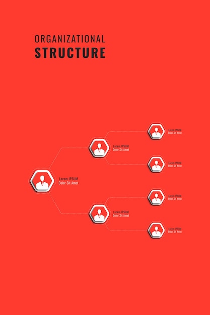 Gerarchia infografica verticale rossa con elementi esagonali con ombre realistiche e caselle di testo