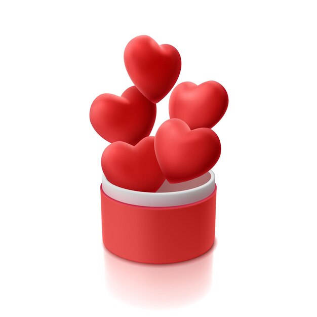 red volumetric d hearts flying out of open box on white isolated background realistic illustration