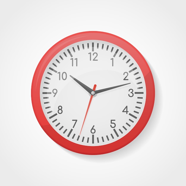 Vector red wall office clock isolated illustration.