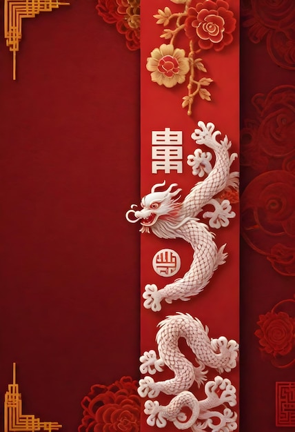 a red wall with chinese knot symbols and a dragon on it