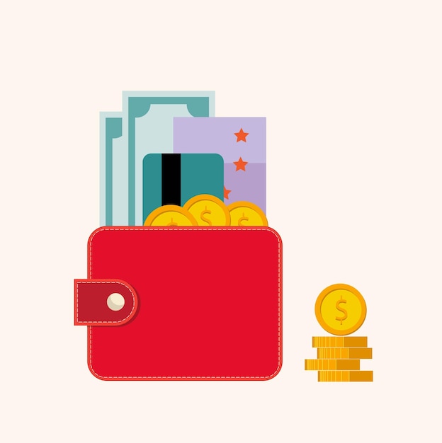 Red wallet with bills Vector illustration in flat style