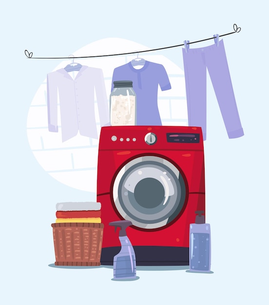 Vector red washing machine in laundry scene