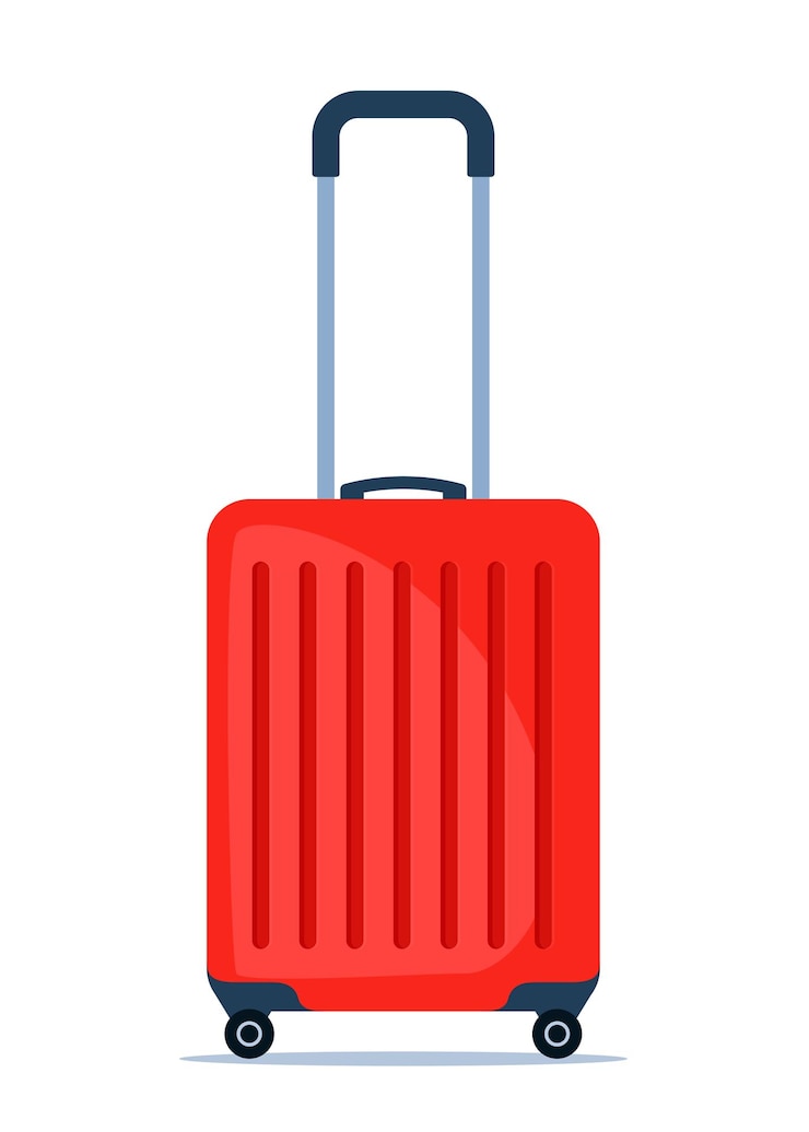 Vector red wheeled travel bag with hand plastic travel suitcase vector illustration