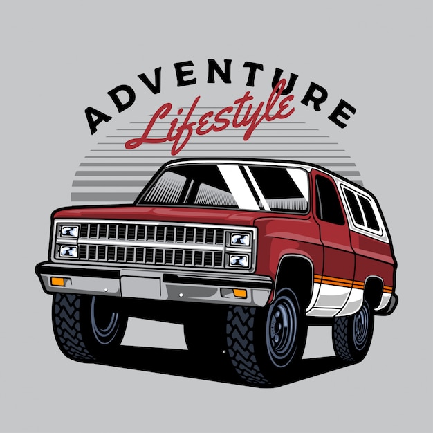 Red and white 4x4 offroad truck for adventure