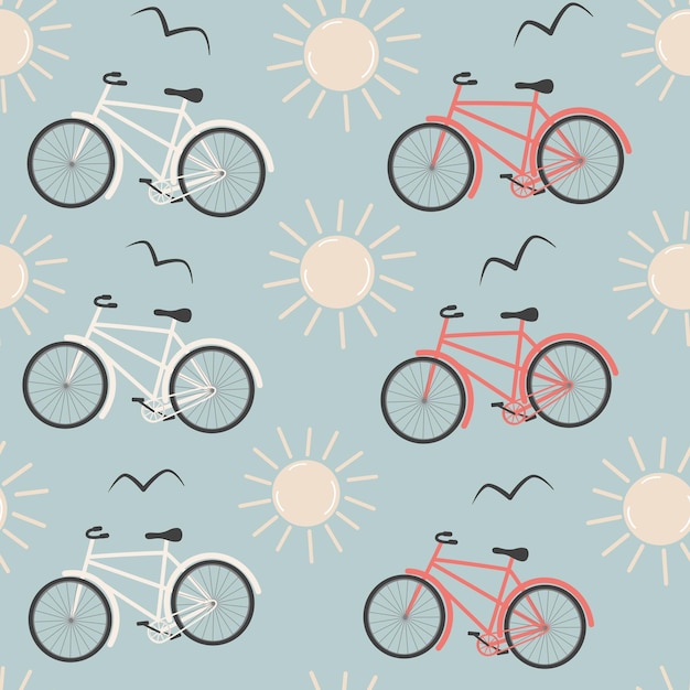 Red and white bicycle seamless pattern with sun and birds silhouette