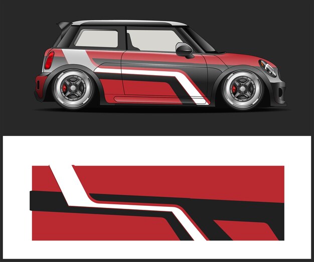 A red and white car has the word mini on it.