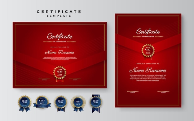 Red and white certificate of achievement border template with luxury badge and modern line pattern For award business and education needs