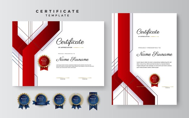 Modello di bordo del certificato rosso e bianco con distintivo di lusso e modello di linea moderna per le esigenze aziendali e di istruzione del premio
