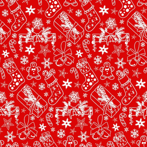 Red and white Christmas pattern with traditional decorations in flat doodle style