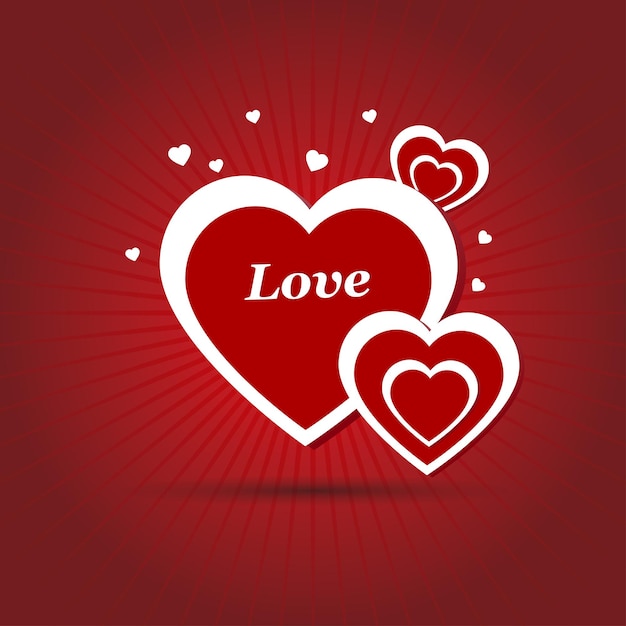 Red and white hearts and the word love on a red background Vector illustration