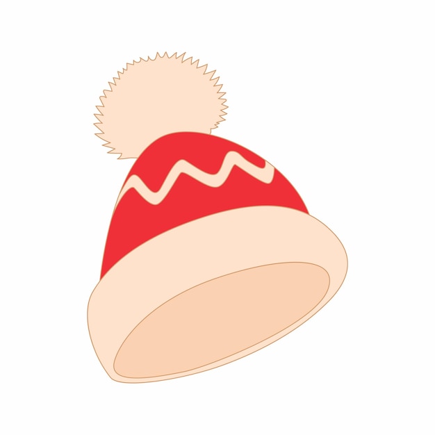 Red and white knitted hat icon in cartoon style on a white background