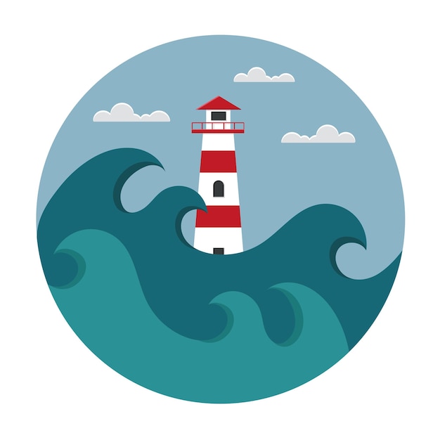 Vector red and white lighthouse in the middle of the sea with stormy waves and clouds in the sky.
