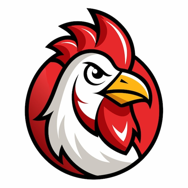 a red and white rooster with a red face and a red and white background