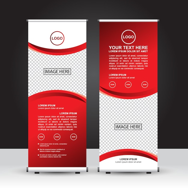 赤と白のテーマのロールアップ バナー テンプレート立ちバナー デザイン広告チラシとディスプレイ