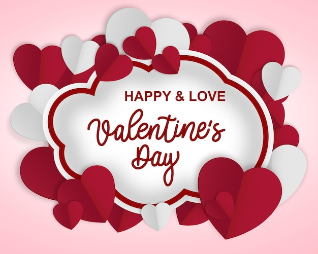 Red and white Valentine's Day hearts cut out of paper with a calligraphic inscription in a paper cloud with a shadow Vector illustration