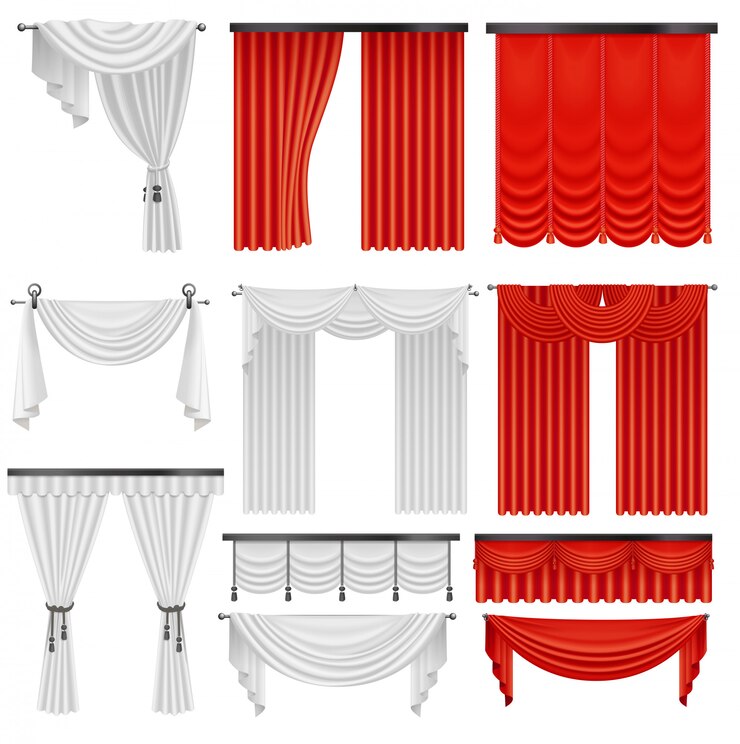 Red and white velvet silk curtains and draperies set. Interior realistic luxury scarlet curtains decoration design
