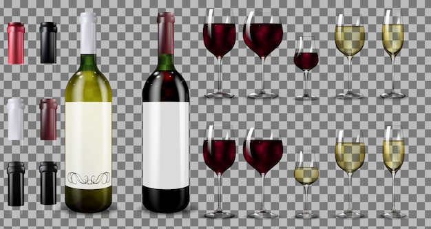 Red and white wine bottles and glasses. realistic